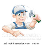 Vector Illustration of a Happy Carpenter Man Holding a Hammer and Pointing down at a Sign by AtStockIllustration