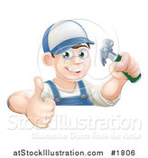 Vector Illustration of a Happy Carpenter Man Holding a Thumb up and Hammer over a Sign by AtStockIllustration