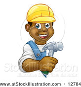 Vector Illustration of a Happy Cartoon Black Male Worker Carrying a Hammer Around a Blank Sign by AtStockIllustration