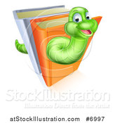 Vector Illustration of a Happy Cartoon Green Worm Going Through Books by AtStockIllustration