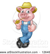 Vector Illustration of a Happy Cartoon Pig Mascot Giving Thumb-up Gesture While Biting Straw by AtStockIllustration