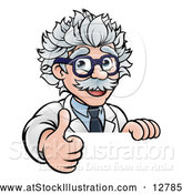 Vector Illustration of a Happy Cartoon Senior Male Scientist Expressing Approval with Thumb up over a Sign by AtStockIllustration