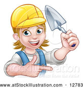 Vector Illustration of a Happy Cartoon White Female Mason with a Trowel While Proudly Pointing Her Finger by AtStockIllustration