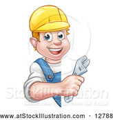 Vector Illustration of a Happy Cartoon White Male Plumber Using Adjustable Wrench Around a Blank Sign by AtStockIllustration