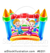 Vector Illustration of a Happy Caucasian Boy and Girl Jumping on a Bouncy House Castle by AtStockIllustration