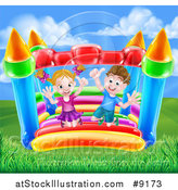 Vector Illustration of a Happy Caucasian Boy and Girl Jumping on a Bouncy House Castle by AtStockIllustration