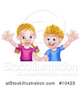 Vector Illustration of a Happy Caucasian Brother and Sister Waving by AtStockIllustration