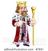 Vector Illustration of a Happy Caucasian King Holding a Staff and Pointing to the Right by AtStockIllustration