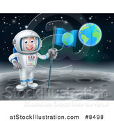 Vector Illustration of a Happy Caucasian Male Astronaut Holding a Flag on the Moon, Earth in the Background by AtStockIllustration