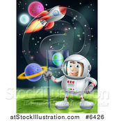 Vector Illustration of a Happy Caucasian Male Astronaut Planting an Earth Flag on a Foreign Planet in Outer Space, with a Rocket Flying Above by AtStockIllustration