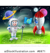 Vector Illustration of a Happy Caucasian Male Astronaut Standing by a Rocket and Planting an Earth Flag on a Foreign Planet by AtStockIllustration