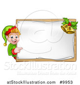 Vector Illustration of a Happy Caucasian Male Christmas Elf Pointing Aorund a Blank Sign with Bells by AtStockIllustration