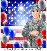 Vector Illustration of a Happy Caucasian Male Military Veteran over an American Flag and Balloons by AtStockIllustration