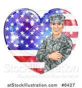 Vector Illustration of a Happy Caucasian Male Military Veteran over an American Flag Heart and Flares by AtStockIllustration