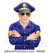 Vector Illustration of a Happy Caucasian Male Police Officer with Folded Arms, Wearing Sunglasses and Smiling by AtStockIllustration