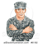 Vector Illustration of a Happy Caucasian Male Soldier in Camouflage, with Folded Arms by AtStockIllustration