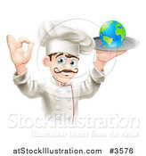 Vector Illustration of a Happy Chef Gesturing Ok and Holding a Globe on a Platter by AtStockIllustration