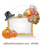 Vector Illustration of a Happy Chef Thanksgiving Turkey Bird Giving a Thumb up over a Pumpkin, Blank White Board Sign and Pilgrim Hat by AtStockIllustration