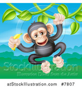 Vector Illustration of a Happy Chimpanzee Monkey Holding a Banana and Swinging from a Jungle Vine over a Valley by AtStockIllustration