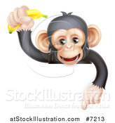 Vector Illustration of a Happy Chimpanzee Monkey Holding up a Banana and Pointing down over a Sign by AtStockIllustration