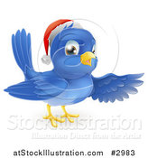 Vector Illustration of a Happy Christmas Blue Bird Wearing a Santa Hat and Presenting by AtStockIllustration