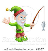 Vector Illustration of a Happy Christmas Elf Waving and Fishing by AtStockIllustration