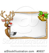 Vector Illustration of a Happy Christmas Reindeer Pointing Around a Sign Board with Bells by AtStockIllustration