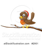 Vector Illustration of a Happy Christmas Robin Wearing a Santa Hat and Perched on a Branch by AtStockIllustration