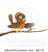 Vector Illustration of a Happy Christmas Robin Wearing a Santa Hat and Perched on a Snowy Branch by AtStockIllustration