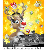 Vector Illustration of a Happy Christmas Rudolph Reindeer Dj Wearing Headphones over a Turntable and Star Burst Gift Explosion by AtStockIllustration