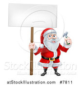 Vector Illustration of a Happy Christmas Santa Claus Carpenter Holding a Hammer and Blank Sign by AtStockIllustration