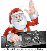 Vector Illustration of a Happy Christmas Santa Claus Dj Mixing Music on a Turntable and Waving by AtStockIllustration