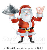 Vector Illustration of a Happy Christmas Santa Claus Gesturing Ok and Holding a Food Cloche Platter by AtStockIllustration