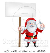 Vector Illustration of a Happy Christmas Santa Claus Holding a Spanner Wrench and Blank Sign by AtStockIllustration