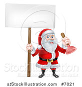 Vector Illustration of a Happy Christmas Santa Claus Plumber Holding a Plunger and Blank Sign by AtStockIllustration