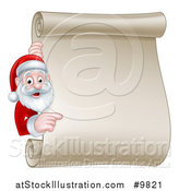 Vector Illustration of a Happy Christmas Santa Claus Pointing Around a Scroll Sign by AtStockIllustration