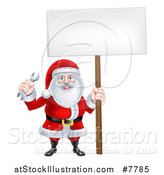 Vector Illustration of a Happy Christmas Santa Holding a Spanner Wrench and Blank Sign by AtStockIllustration