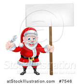 Vector Illustration of a Happy Christmas Santa Holding an Adjustable Wrench Tool and Blank Sign by AtStockIllustration