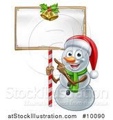 Vector Illustration of a Happy Christmas Snowman Wearing a Santa Hat and Pointing to a Blank Sign by AtStockIllustration