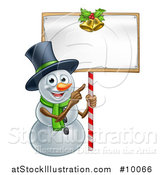 Vector Illustration of a Happy Christmas Snowman Wearing a Top Hat and Pointing to a Blank Sign by AtStockIllustration