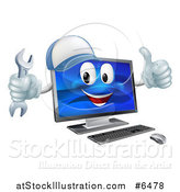 Vector Illustration of a Happy Computer Mascot Wearing a Baseball Cap, Holding a Wrench and Thumb up by AtStockIllustration