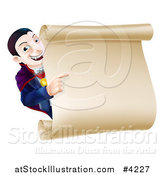 Vector Illustration of a Happy Dracula Halloween Vampire Pointing at a Sign Scroll by AtStockIllustration