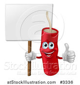 Vector Illustration of a Happy Dynamite Mascot Holding a Sign and a Thumb up by AtStockIllustration