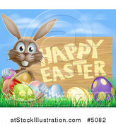 Vector Illustration of a Happy Easter Sign with a Brown Rabbit and Eggs Against Blue Sky by AtStockIllustration