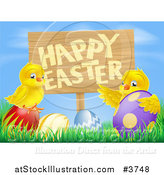 Vector Illustration of a Happy Easter Sign with Chicks and Easter Eggs Against Blue Sky by AtStockIllustration