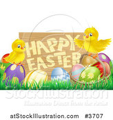 Vector Illustration of a Happy Easter Sign with Chicks and Easter Eggs by AtStockIllustration