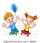 Vector Illustration of a Happy Excited Blond Caucasian Boy and Girl Jumping with a Party Balloon by AtStockIllustration