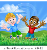 Vector Illustration of a Happy Excited White and Black Boys Jumping Outdoors by AtStockIllustration