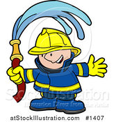 Vector Illustration of a Happy Fireman in a Blue and Yellow Uniform and Hardhat, Waving a Water Hose by AtStockIllustration