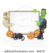 Vector Illustration of a Happy Frankenstein Mummy Pumpkins and Black Cat Around a Blank Sign by AtStockIllustration